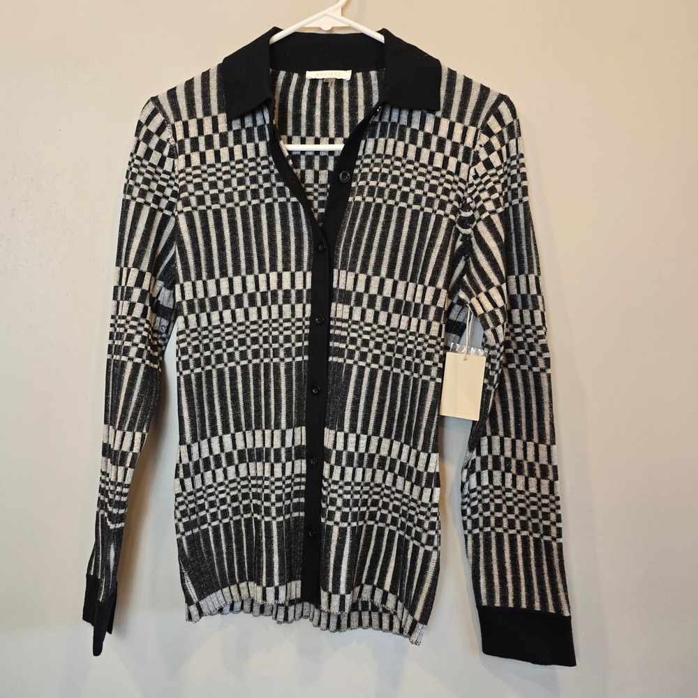 Ecru Sweater Monza Checkerboard Polo Cardigan NWT Womens XS Black Gray